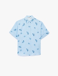 Kısa Kollu Nakış Detaylı Çiçekli Çizgili Gömlek