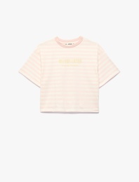 Kısa Kollu Bisiklet Yaka Rahat Kalıp Pamuklu Baskılı Çizgili Crop Tişört
