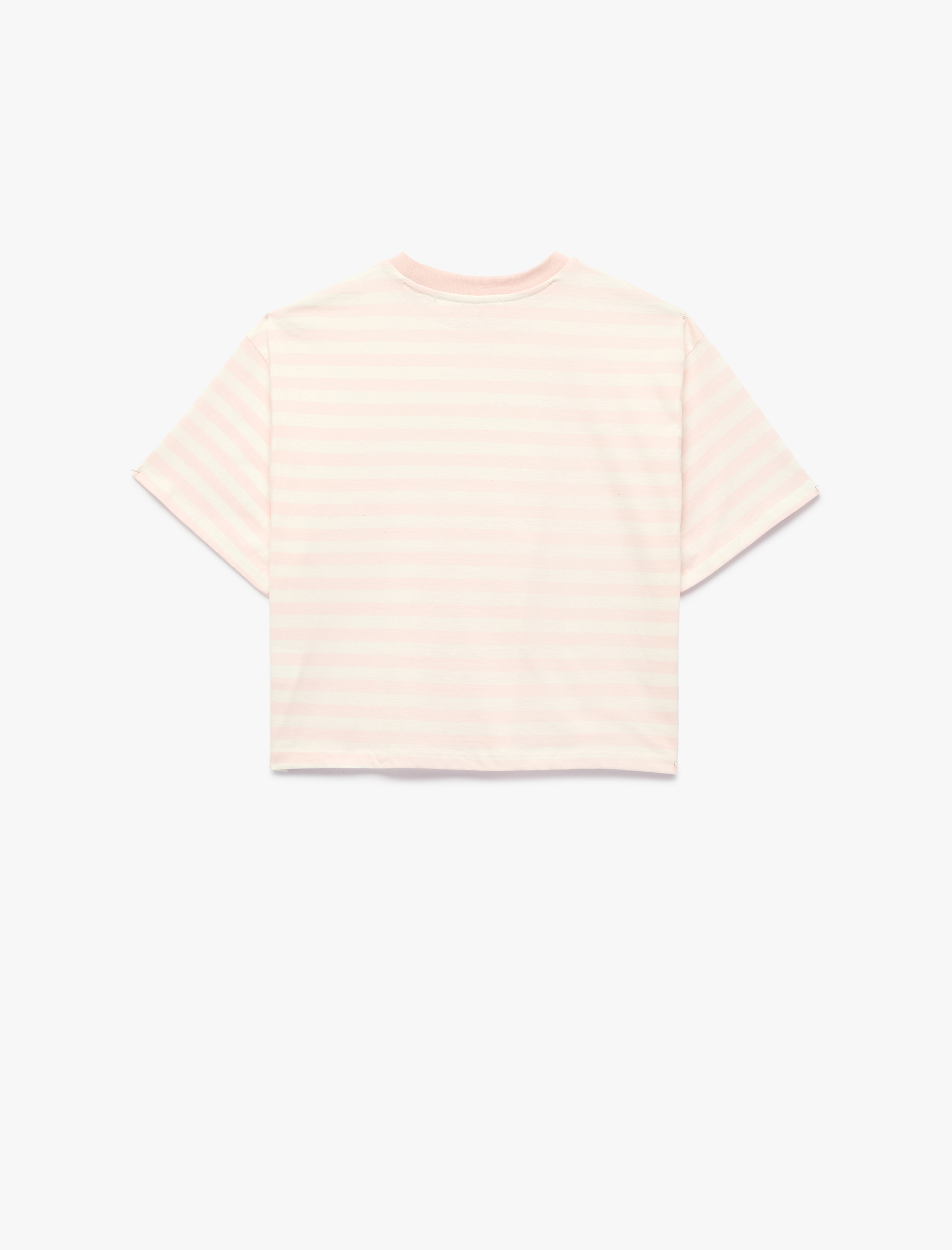   Kısa Kollu Bisiklet Yaka Rahat Kalıp Pamuklu Baskılı Çizgili Crop Tişört