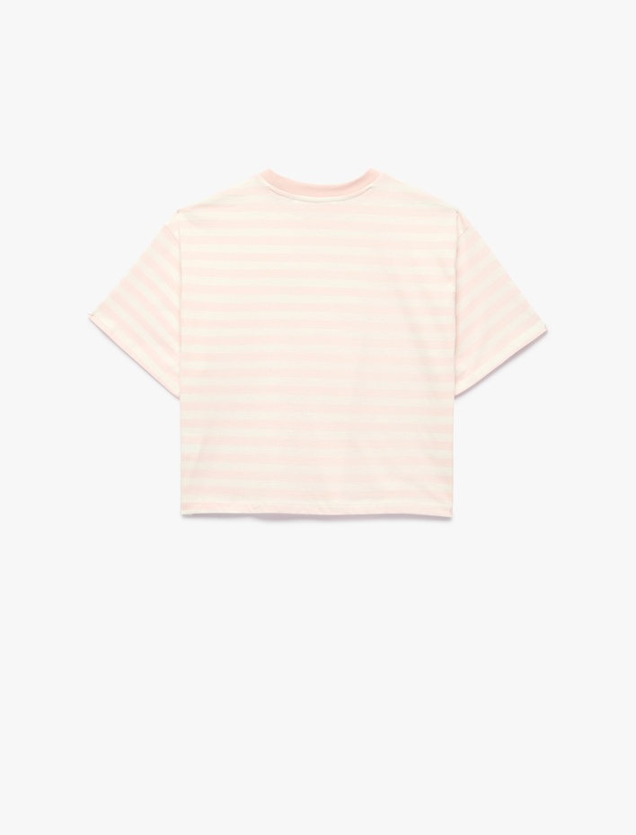  Kısa Kollu Bisiklet Yaka Rahat Kalıp Pamuklu Baskılı Çizgili Crop Tişört