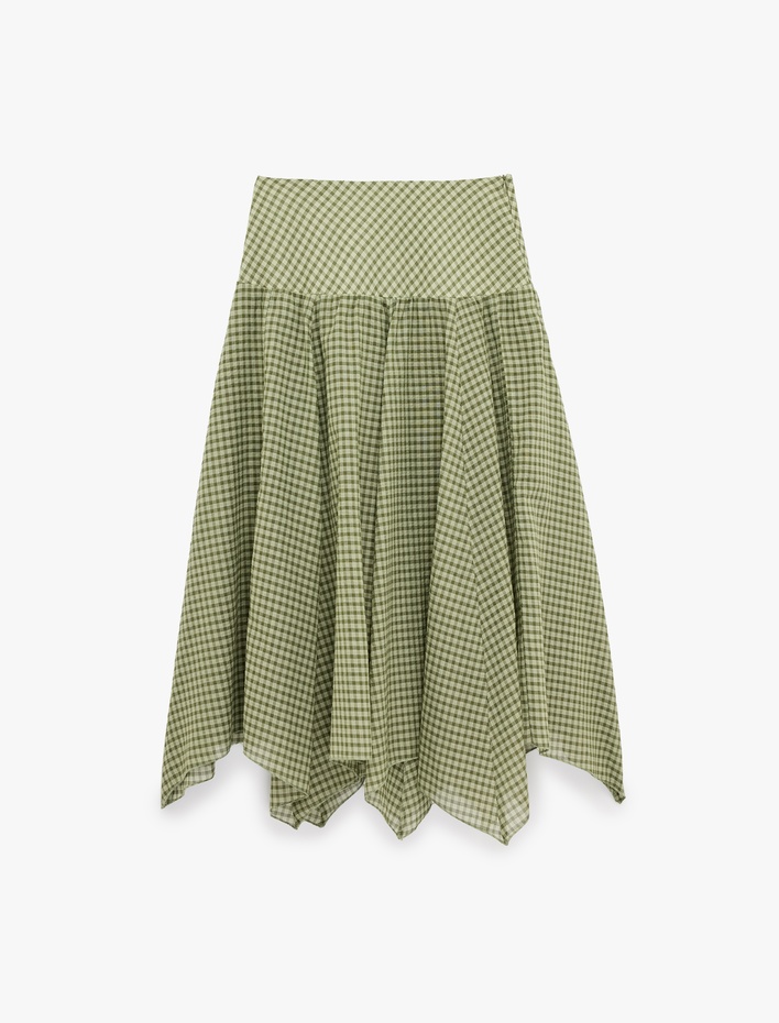  Pamuklu Asimetrik Kesim Pötikareli Midi Etek