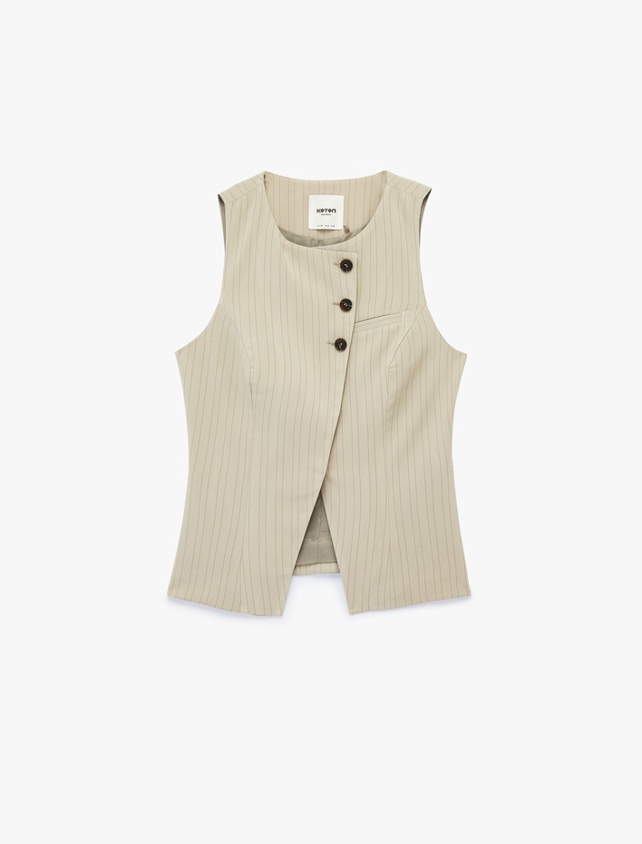  Asimetrik Kesim Düğmeli Bisiklet Yaka Kolsuz Yelek