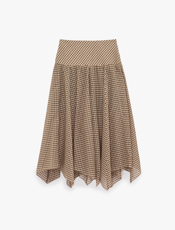  Pamuklu Asimetrik Kesim Pötikareli Midi Etek