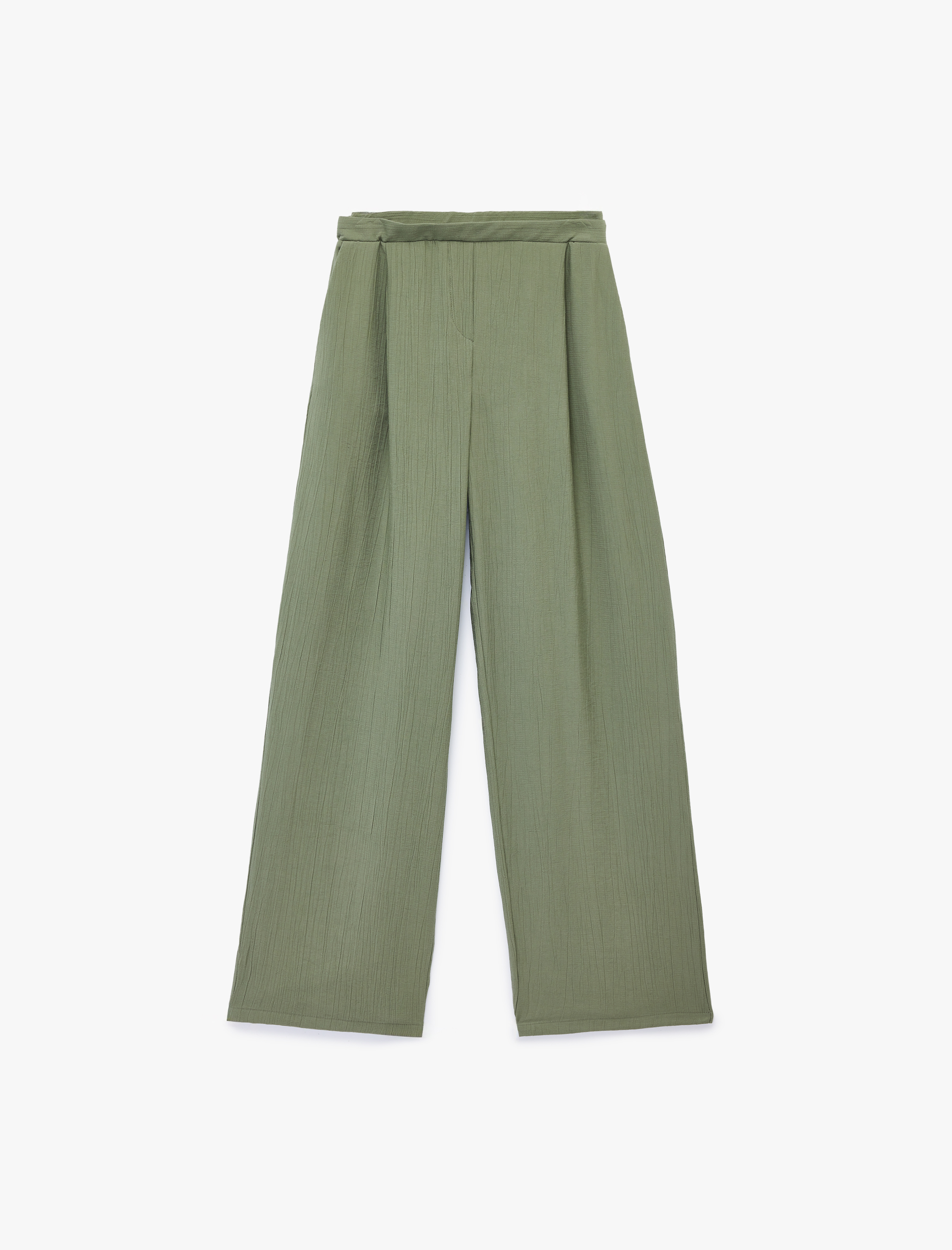   Pileli Dokulu Geniş Paça Pantolon