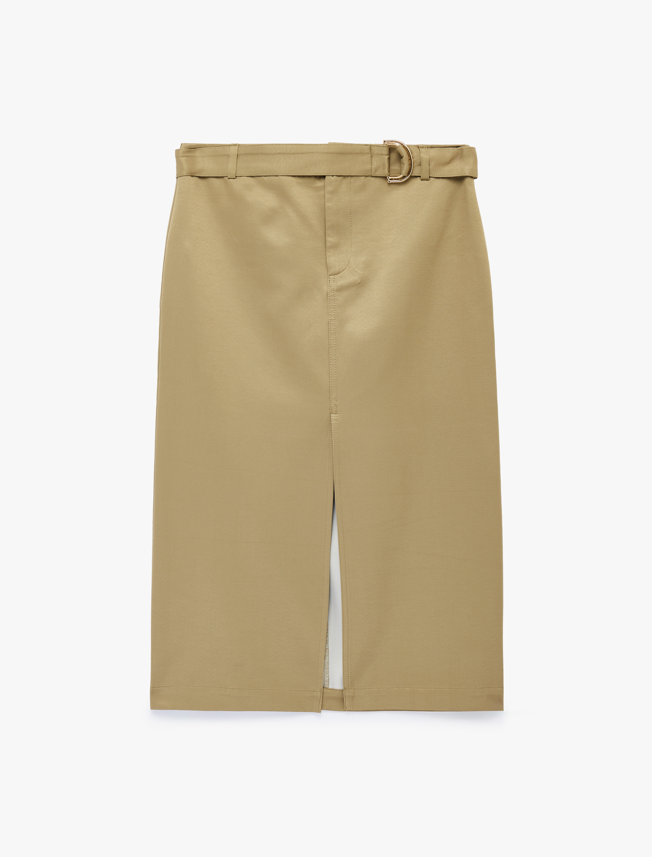   Kemerli Yüksek Bel Önden Yırtmaçlı Midi Kalem Etek