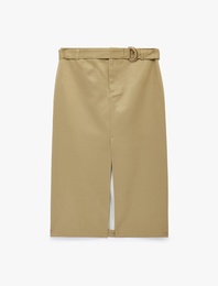 Kemerli Yüksek Bel Önden Yırtmaçlı Midi Kalem Etek