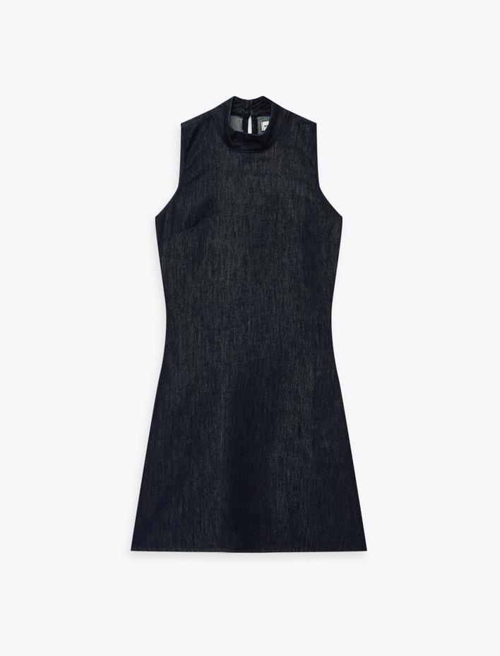  Dik Yaka Kolsuz Mini Denim Elbise