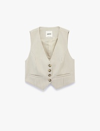 Düğmeli V Yaka Çizgili Blazer Yelek