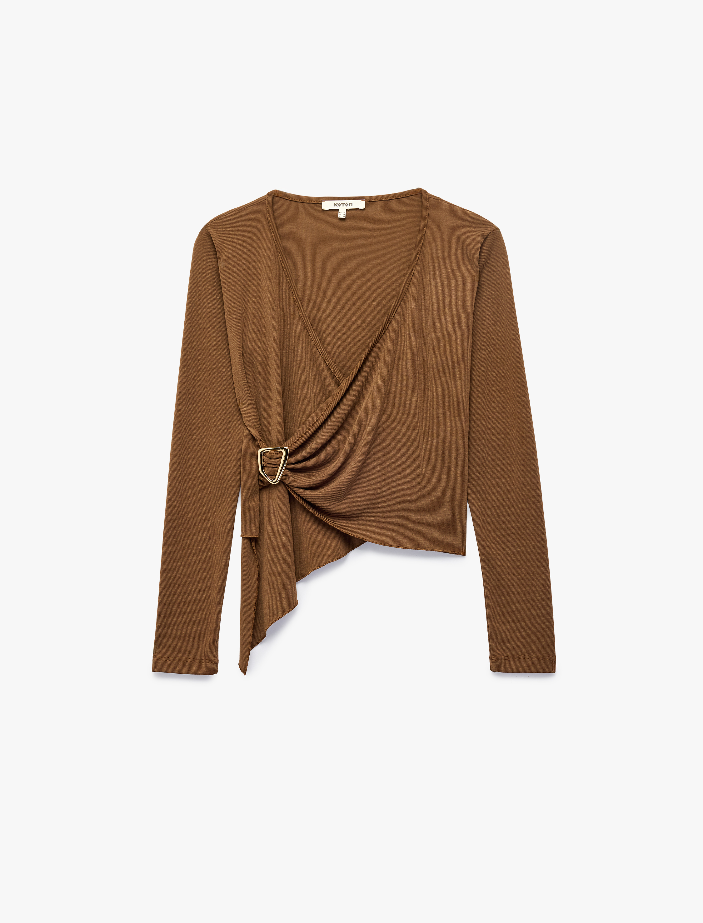   Modal Kumaş Slim Fit Aksesuarlı Uzun Kollu Asimetrik Kesim Kruvaze Bluz