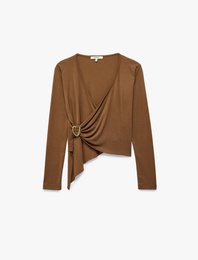 Modal Kumaş Slim Fit Aksesuarlı Uzun Kollu Asimetrik Kesim Kruvaze Bluz