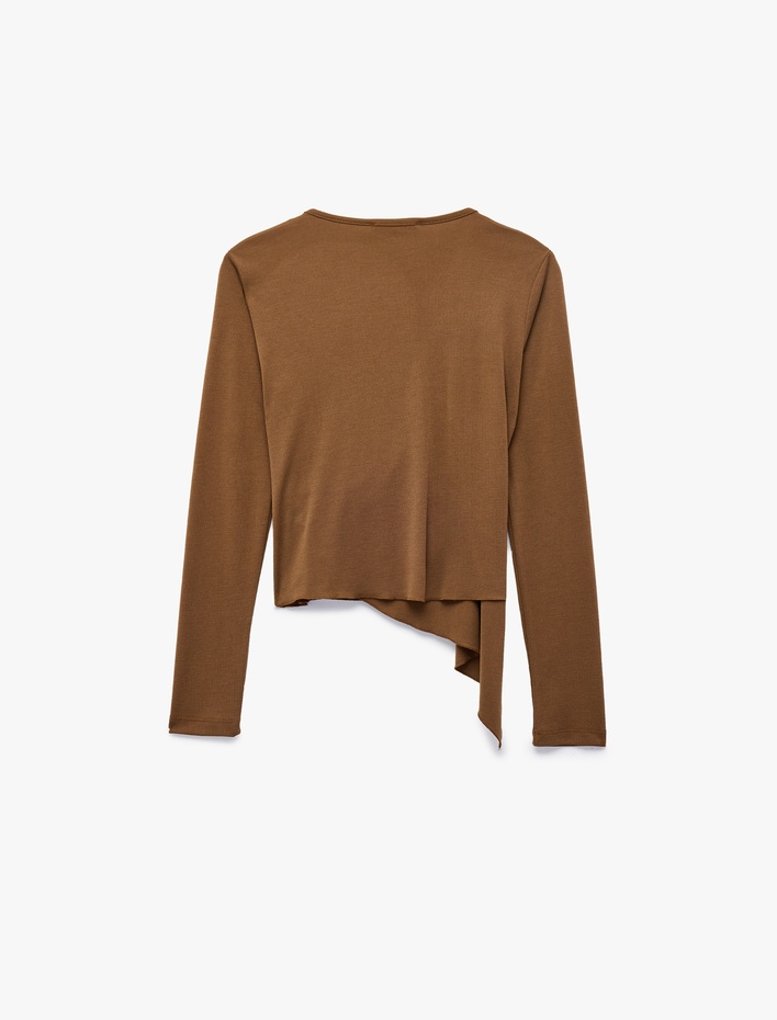  Modal Kumaş Slim Fit Aksesuarlı Uzun Kollu Asimetrik Kesim Kruvaze Bluz