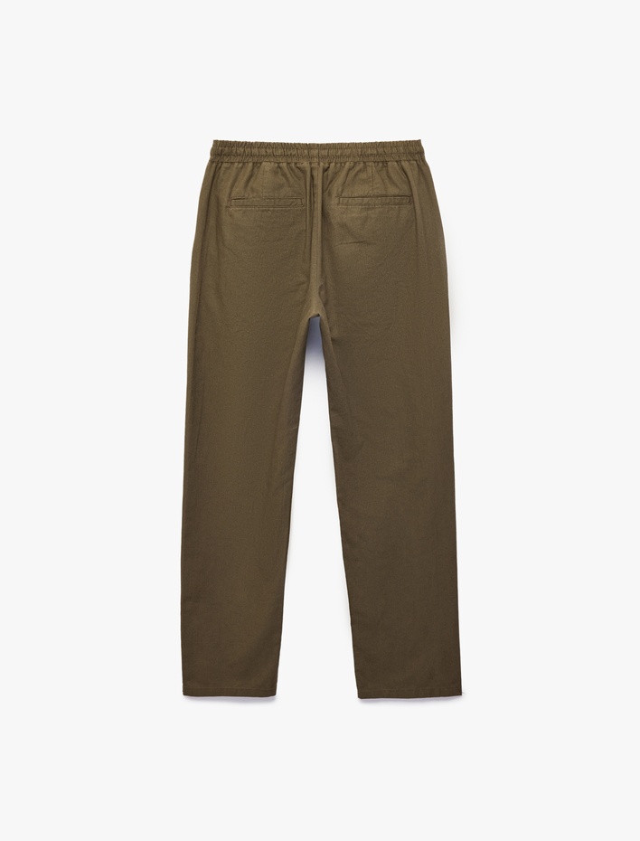  Beli Bağcıklı Cep Detaylı Keten Pamuk Karışımlı Pantolon