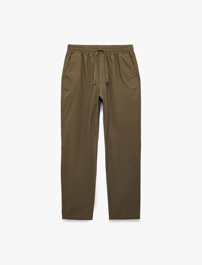  Beli Bağcıklı Cep Detaylı Keten Pamuk Karışımlı Pantolon