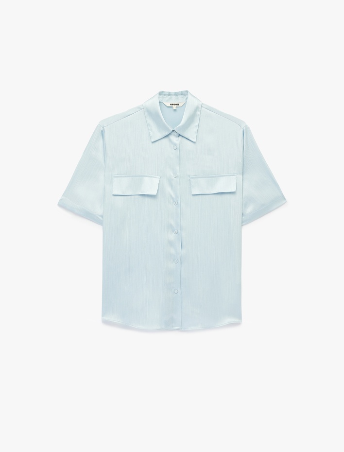  Aplike Detaylı Klasik Yaka Kısa Kollu Saten Gömlek