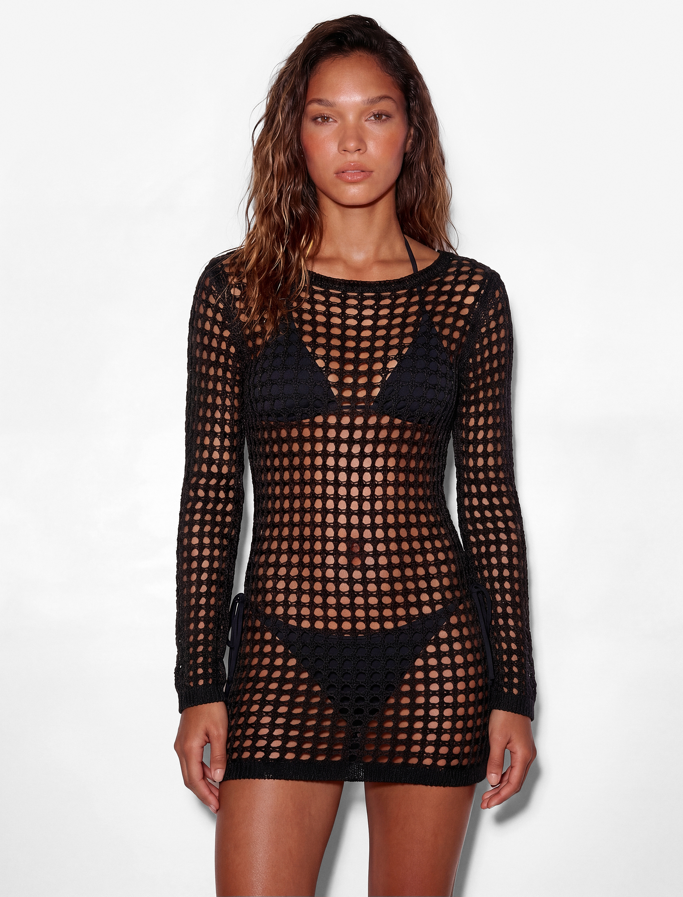   Slim Fit Uzun Kollu Bisiklet Yaka File Plaj Elbisesi