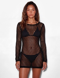 Slim Fit Uzun Kollu Bisiklet Yaka File Plaj Elbisesi