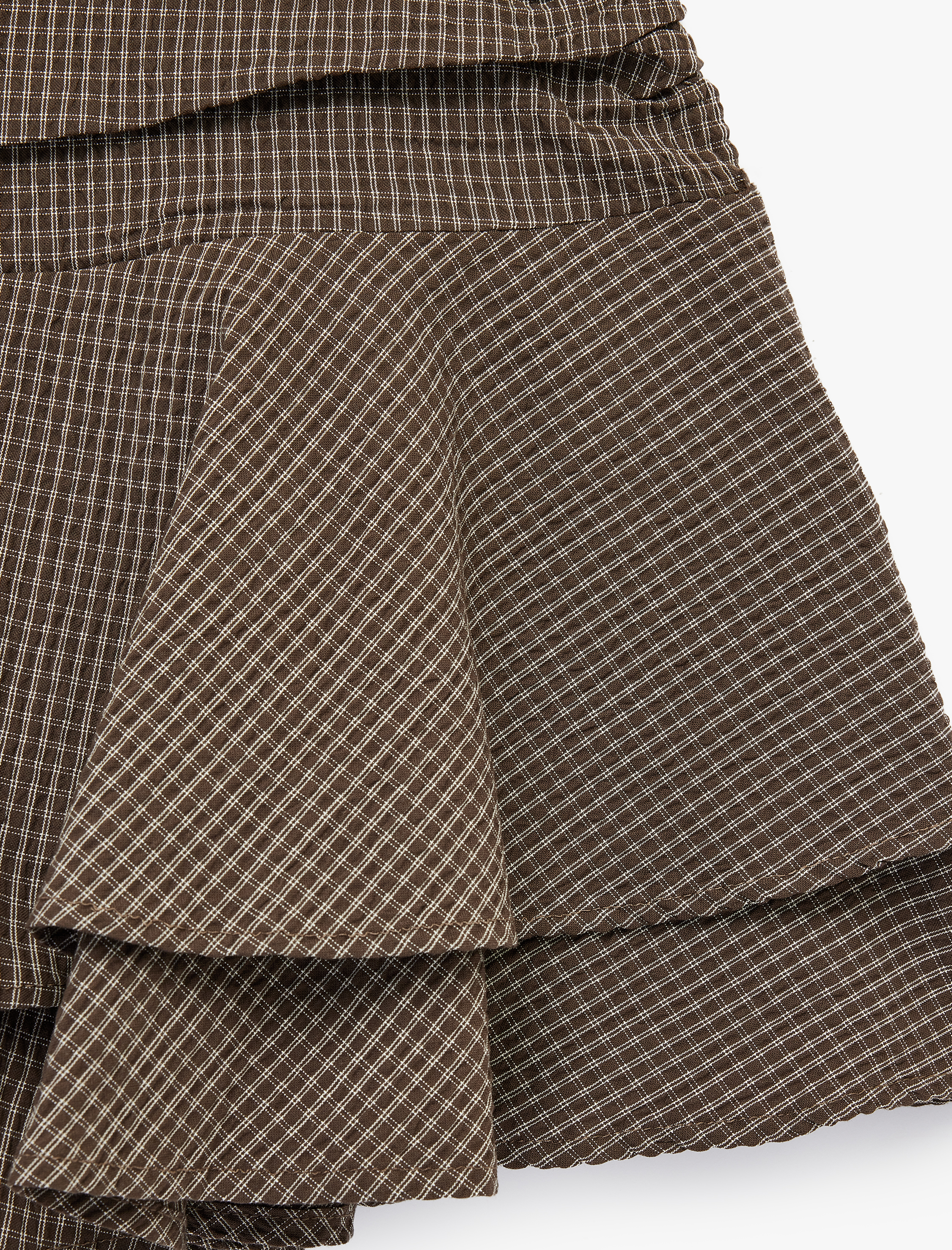   Beli Büzgülü Ekoseli Volanlı Poplin Mini Etek