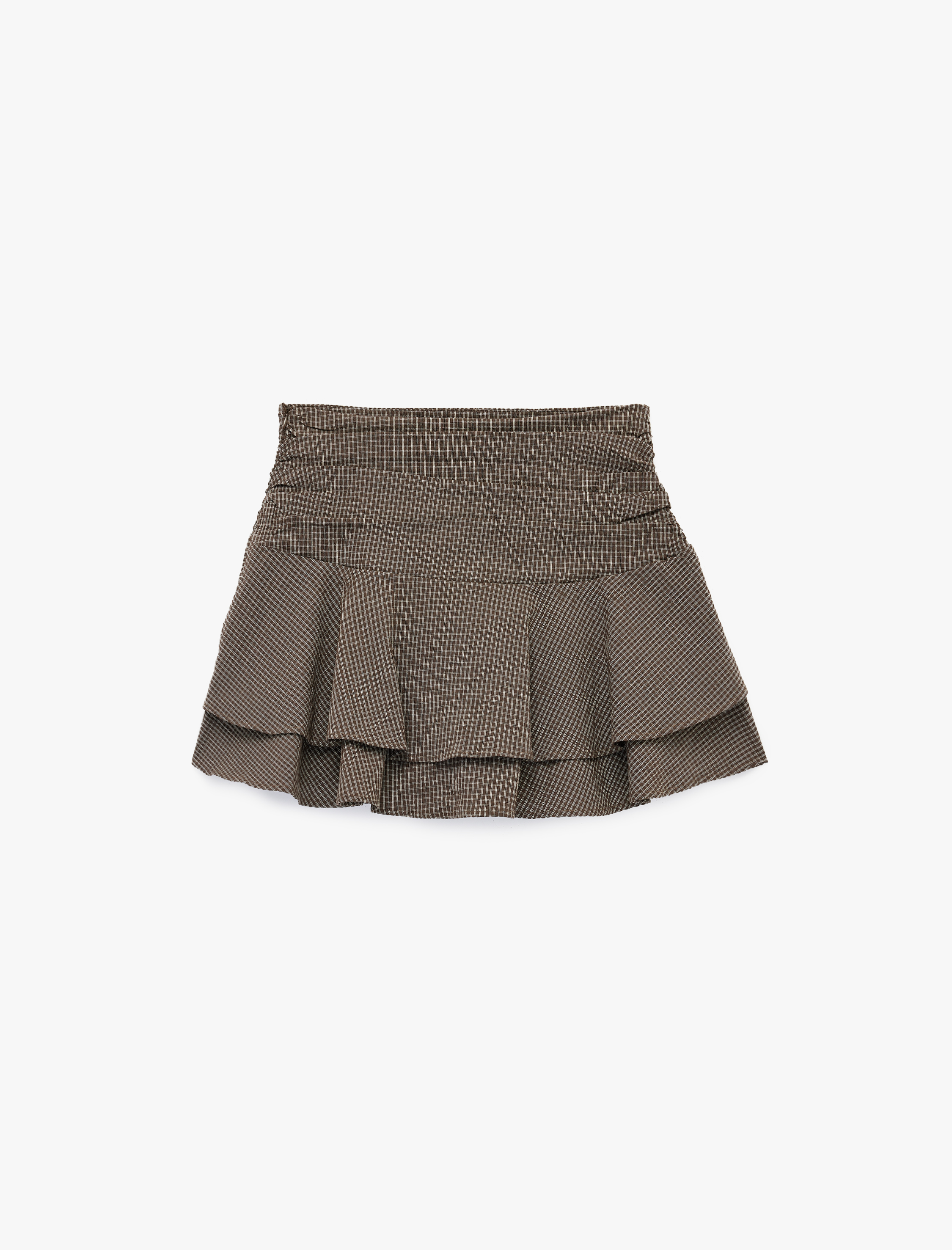   Beli Büzgülü Ekoseli Volanlı Poplin Mini Etek