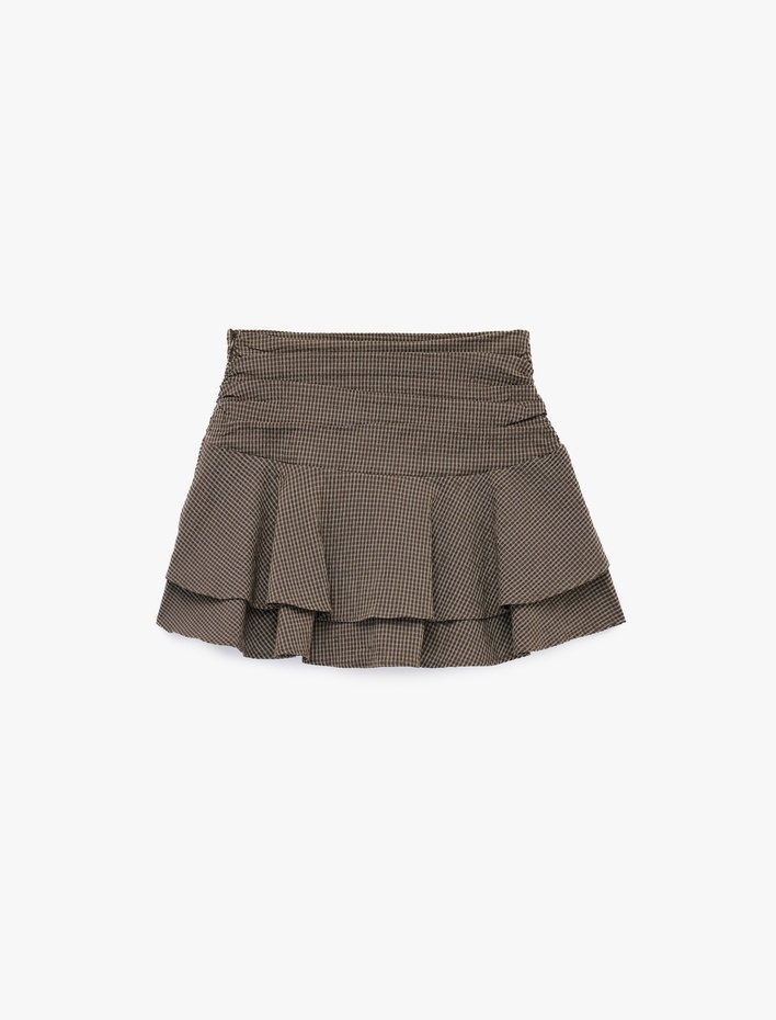  Beli Büzgülü Ekoseli Volanlı Poplin Mini Etek