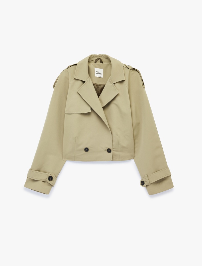  Düğmeli Kruvaze Yaka Uzun Kollu Gabardin Crop Ceket