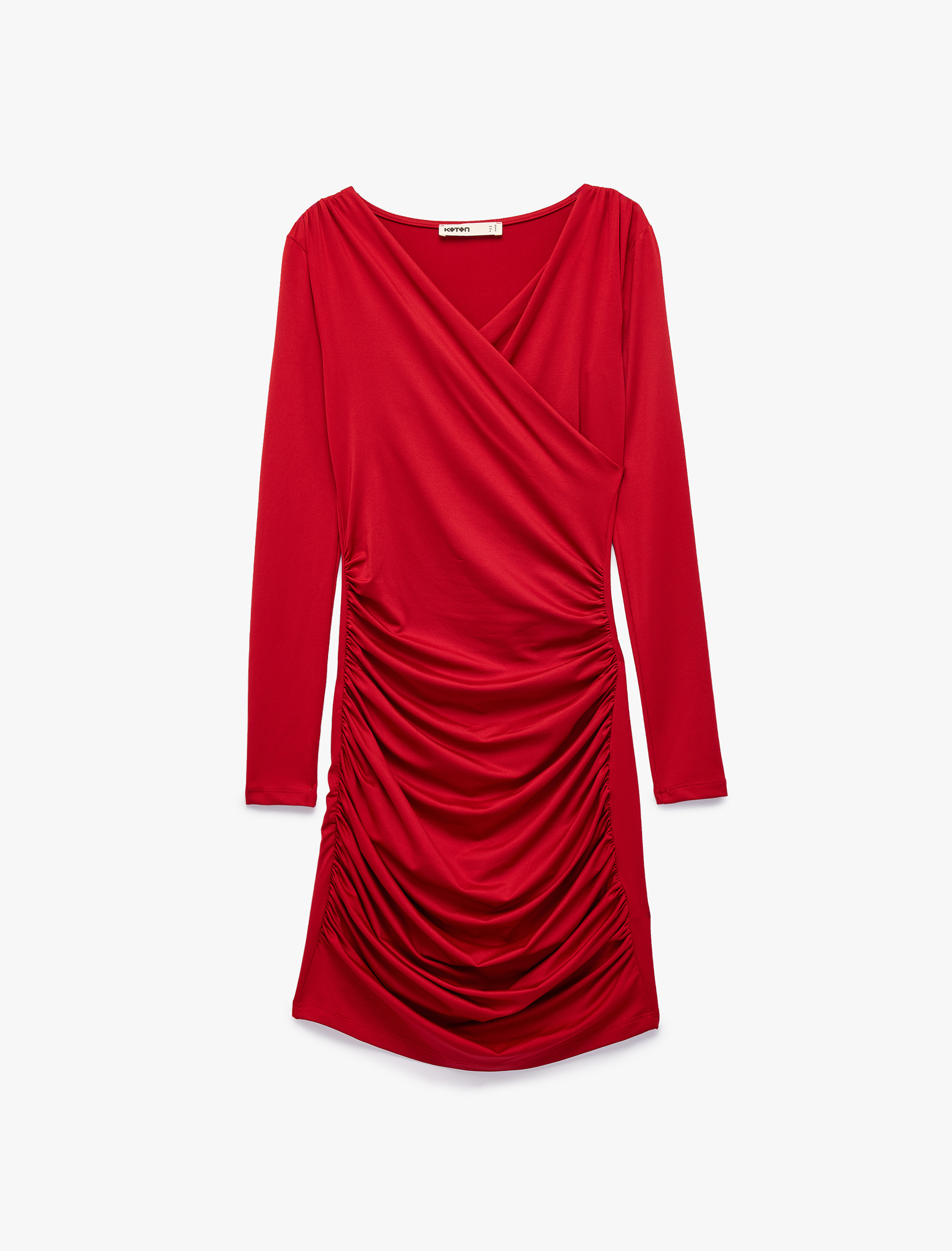   Kruvaze Uzun Kollu V Yaka Drapeli Mini Elbise