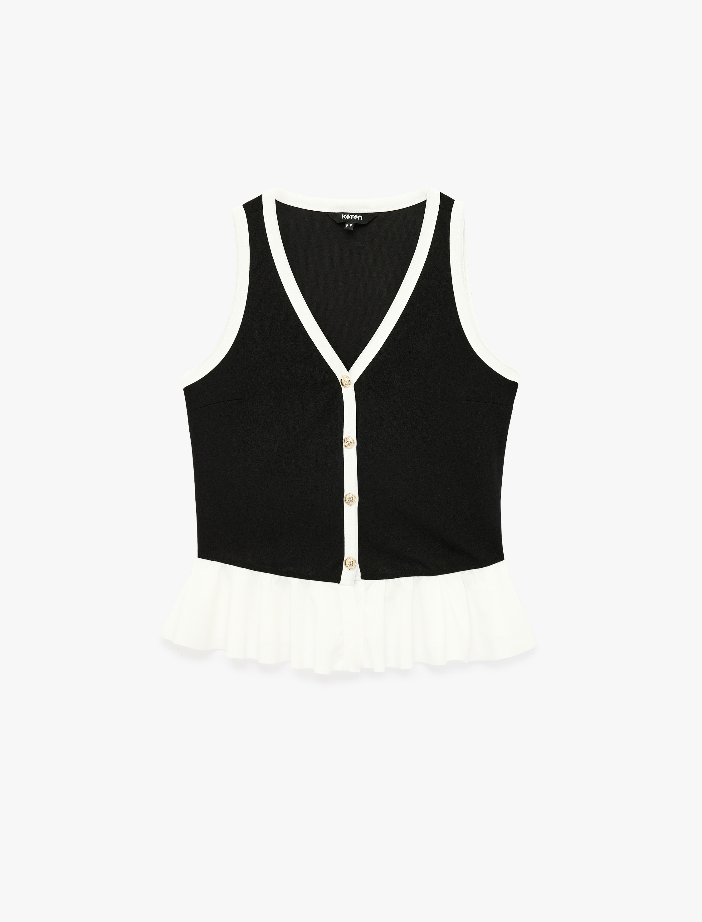   Renk Kontrastlı Krep Scuba Kumaş Kolsuz Düğmeli V Yaka Fırfırlı Peplum Bluz