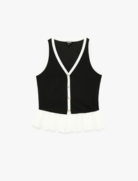 Renk Kontrastlı Krep Scuba Kumaş Kolsuz Düğmeli V Yaka Fırfırlı Peplum Bluz