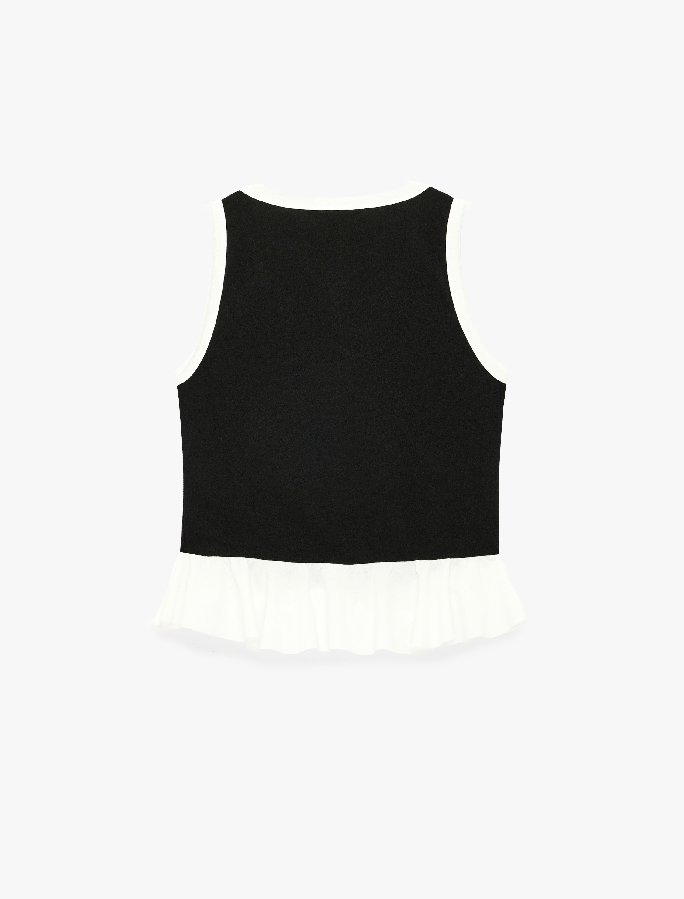   Renk Kontrastlı Krep Scuba Kumaş Kolsuz Düğmeli V Yaka Fırfırlı Peplum Bluz