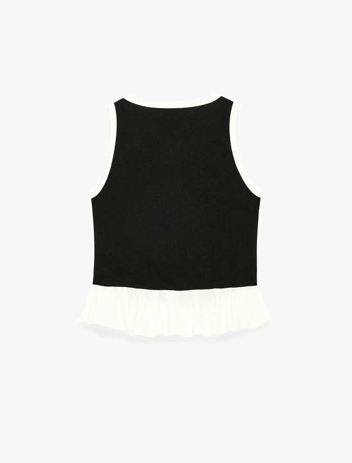  Renk Kontrastlı Krep Scuba Kumaş Kolsuz Düğmeli V Yaka Fırfırlı Peplum Bluz