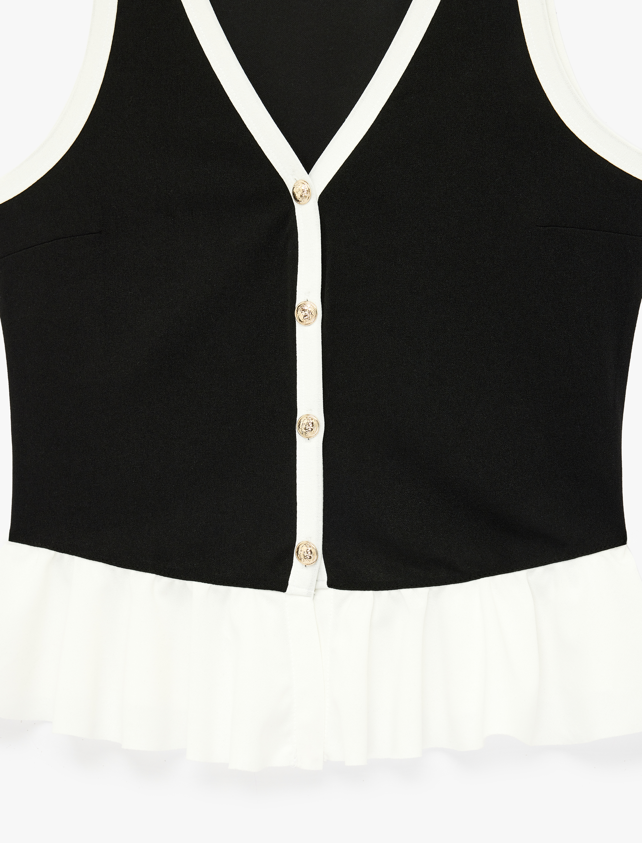   Renk Kontrastlı Krep Scuba Kumaş Kolsuz Düğmeli V Yaka Fırfırlı Peplum Bluz