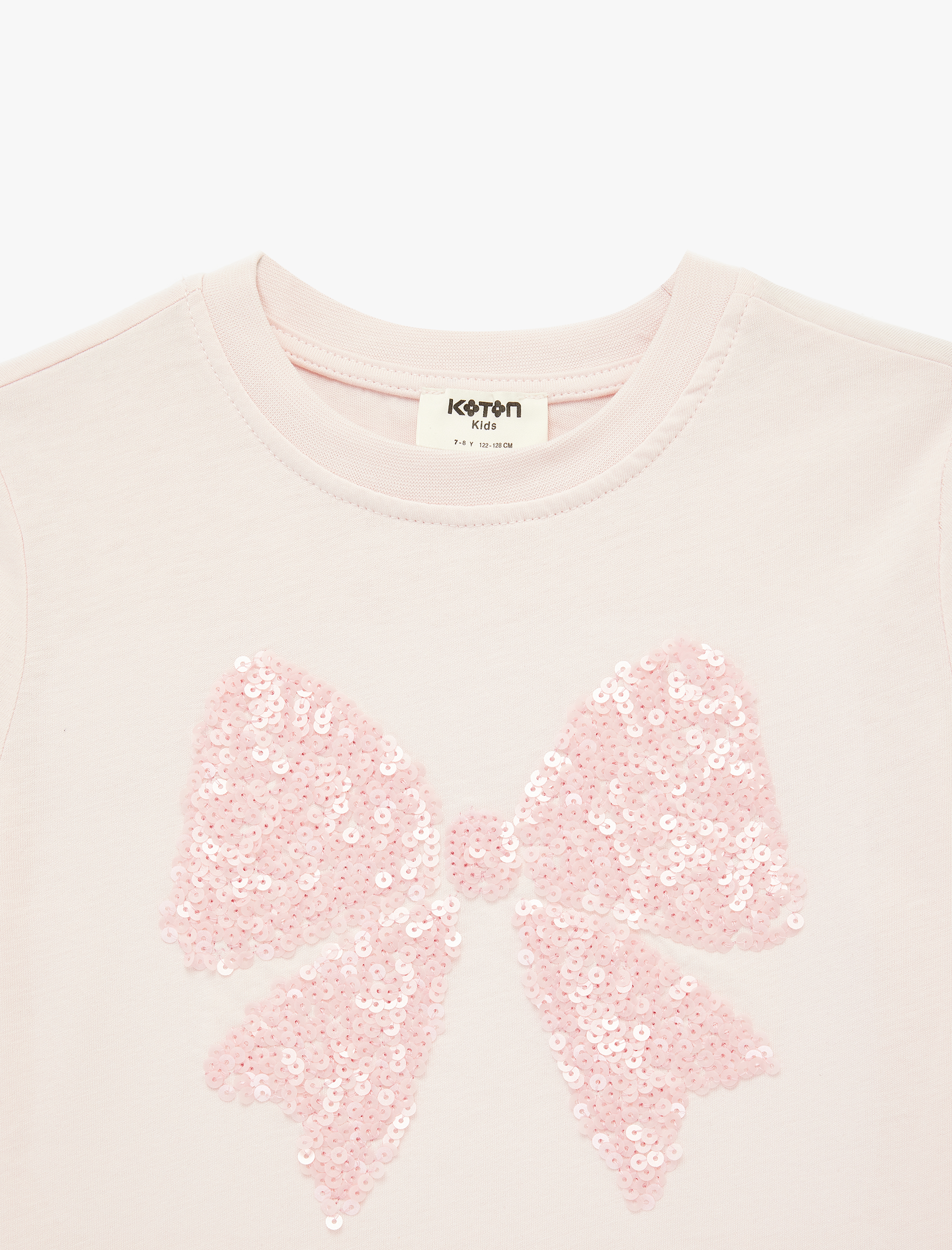  Kız Çocuk Pamuklu Kısa Kollu Bisiklet Yaka Fiyonklu Pullu Payetli Tişört