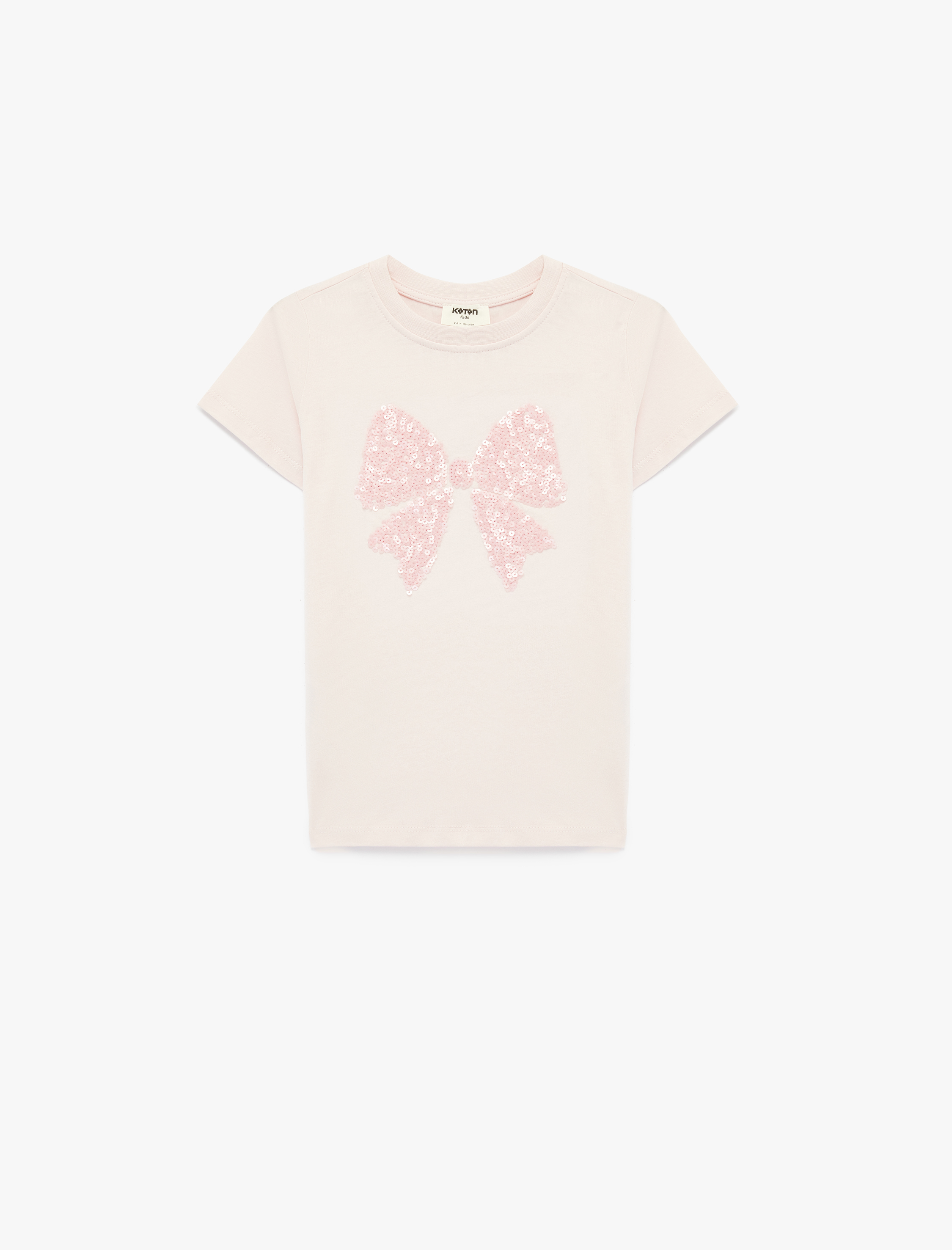  Kız Çocuk Pamuklu Kısa Kollu Bisiklet Yaka Fiyonklu Pullu Payetli Tişört