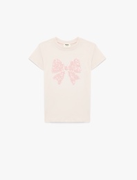 Pamuklu Kısa Kollu Bisiklet Yaka Fiyonklu Pullu Payetli Tişört