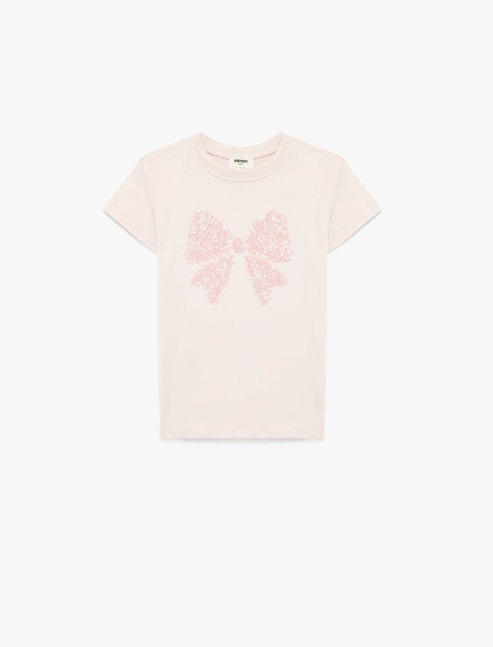 Kız Çocuk Pamuklu Kısa Kollu Bisiklet Yaka Fiyonklu Pullu Payetli Tişört