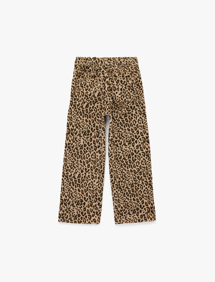 Kız Bebek Pamuklu Loose Fit Beli Lastikli Geniş Paça Leopar Desenli Denim Pantolon