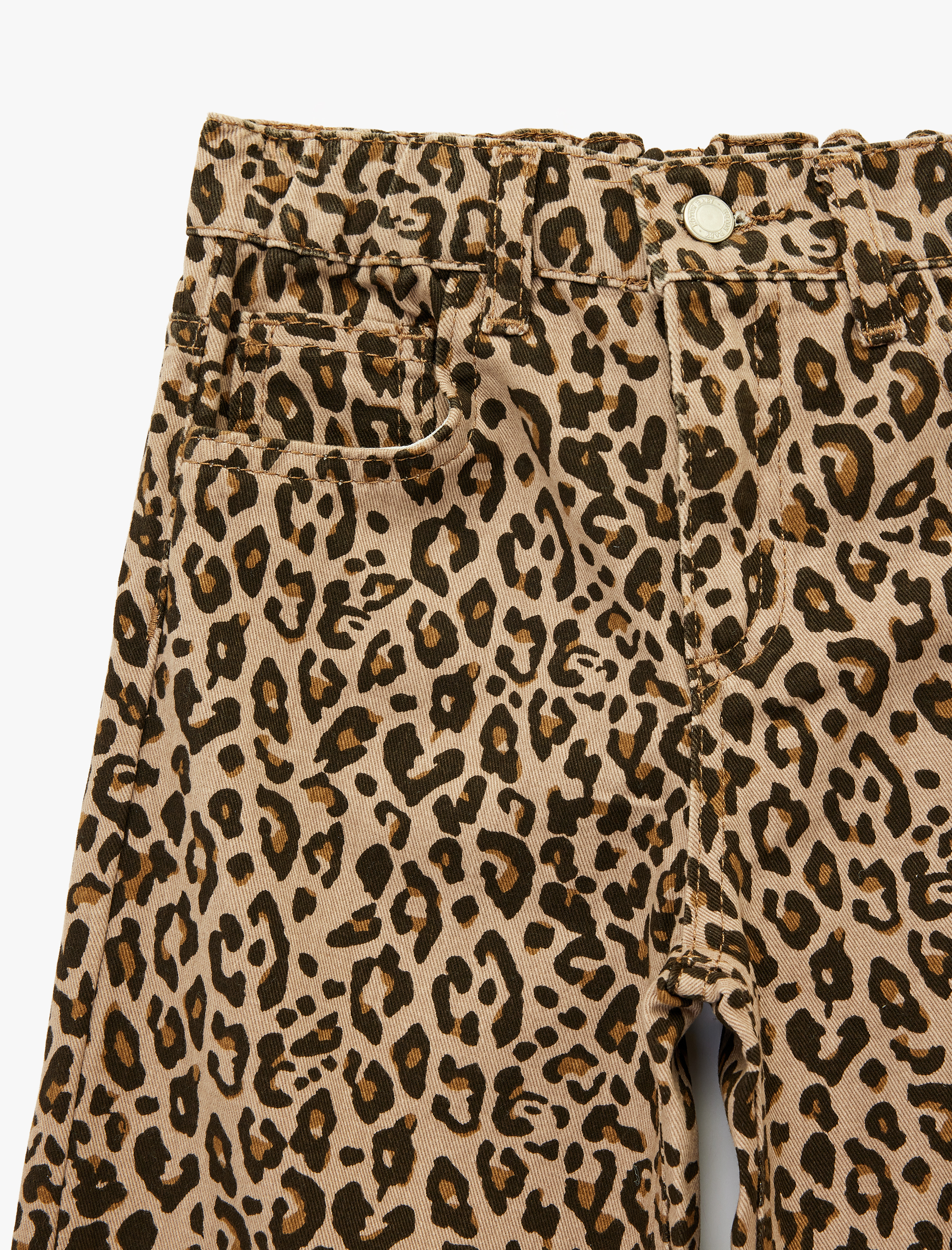  Kız Bebek Pamuklu Loose Fit Beli Lastikli Geniş Paça Leopar Desenli Denim Pantolon