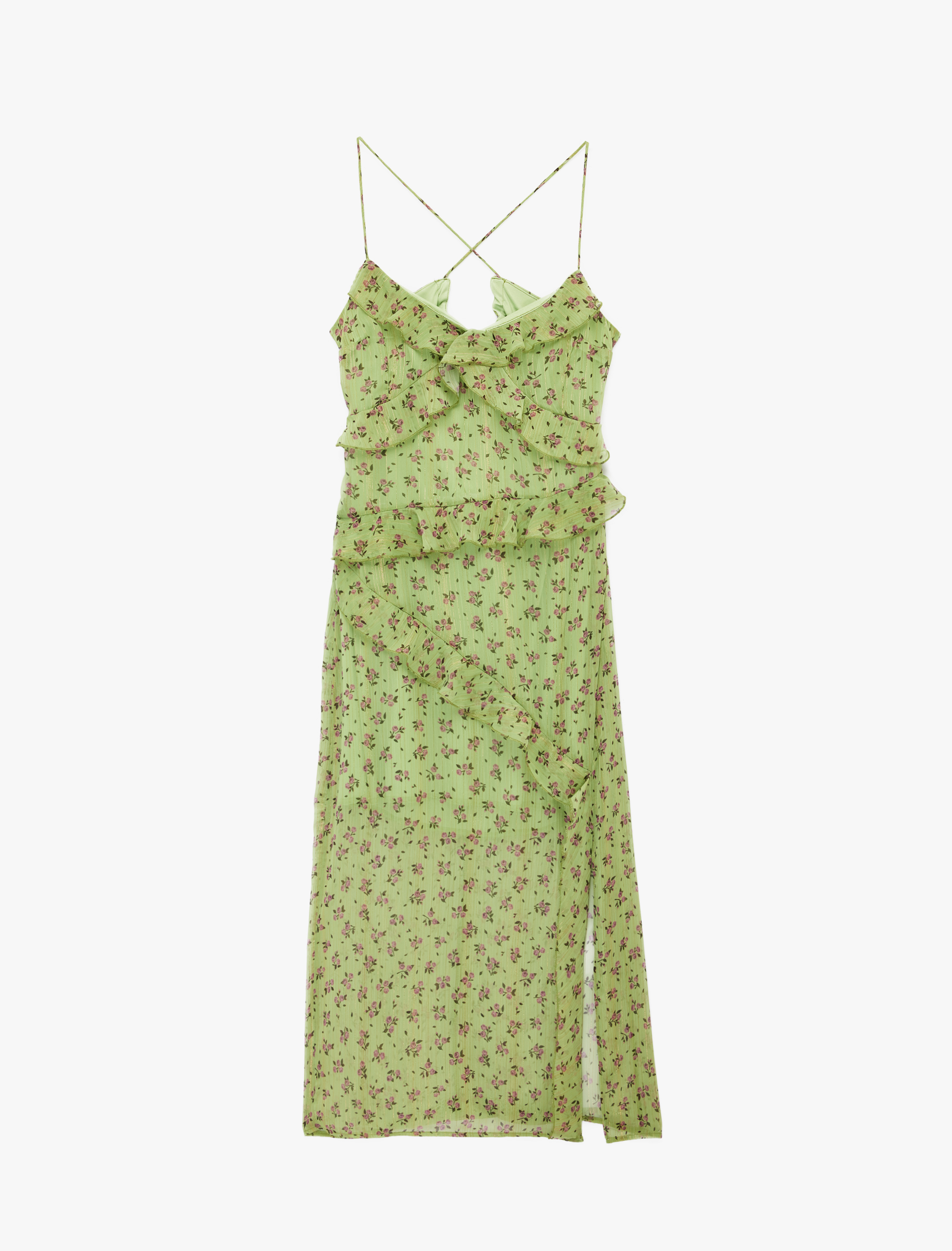   V Yaka Çapraz Askılı Fırfırlı A Kesim Yırtmaçlı Tül Uzun Çiçekli Elbise