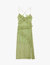 V Yaka Çapraz Askılı Fırfırlı A Kesim Yırtmaçlı Tül Uzun Çiçekli Elbise