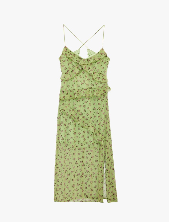  V Yaka Çapraz Askılı Fırfırlı A Kesim Yırtmaçlı Tül Uzun Çiçekli Elbise