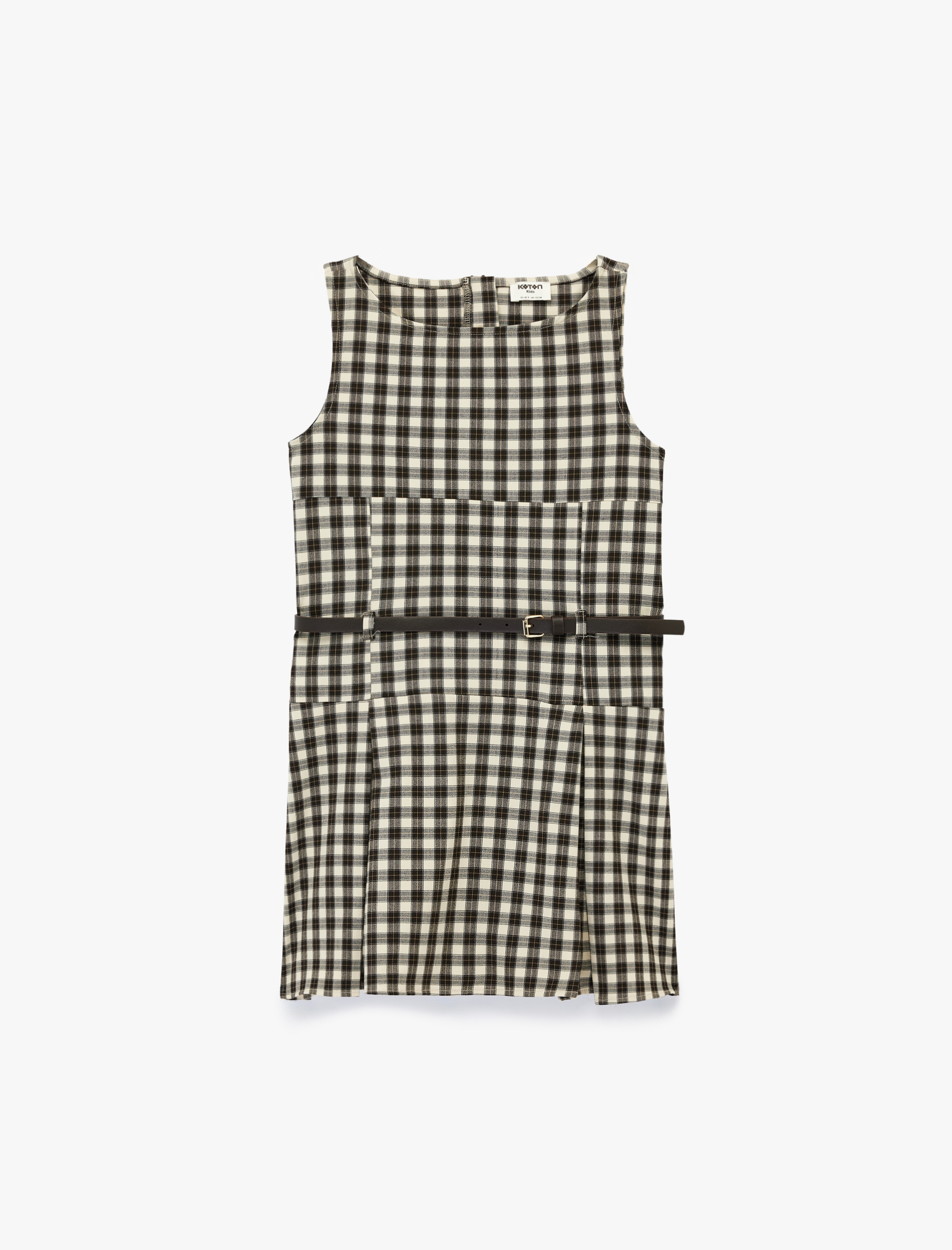  Kız Çocuk Bisiklet Yaka Kolsuz Viskon Karışımlı Ekoseli Elbise