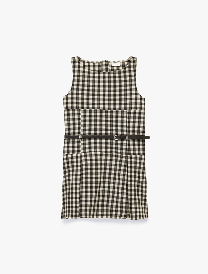 Kız Çocuk Bisiklet Yaka Kolsuz Viskon Karışımlı Ekoseli Elbise