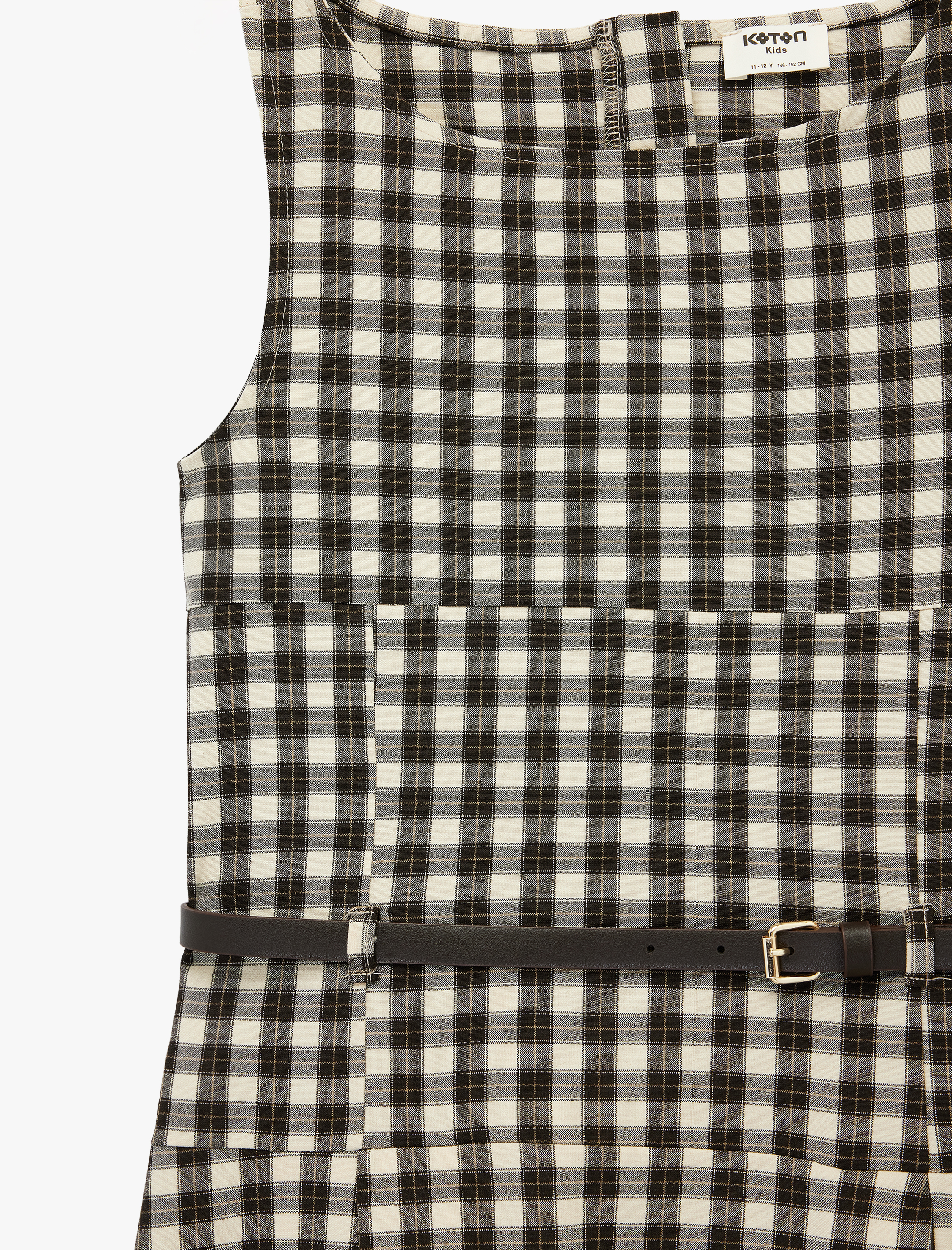  Kız Çocuk Bisiklet Yaka Kolsuz Viskon Karışımlı Ekoseli Elbise