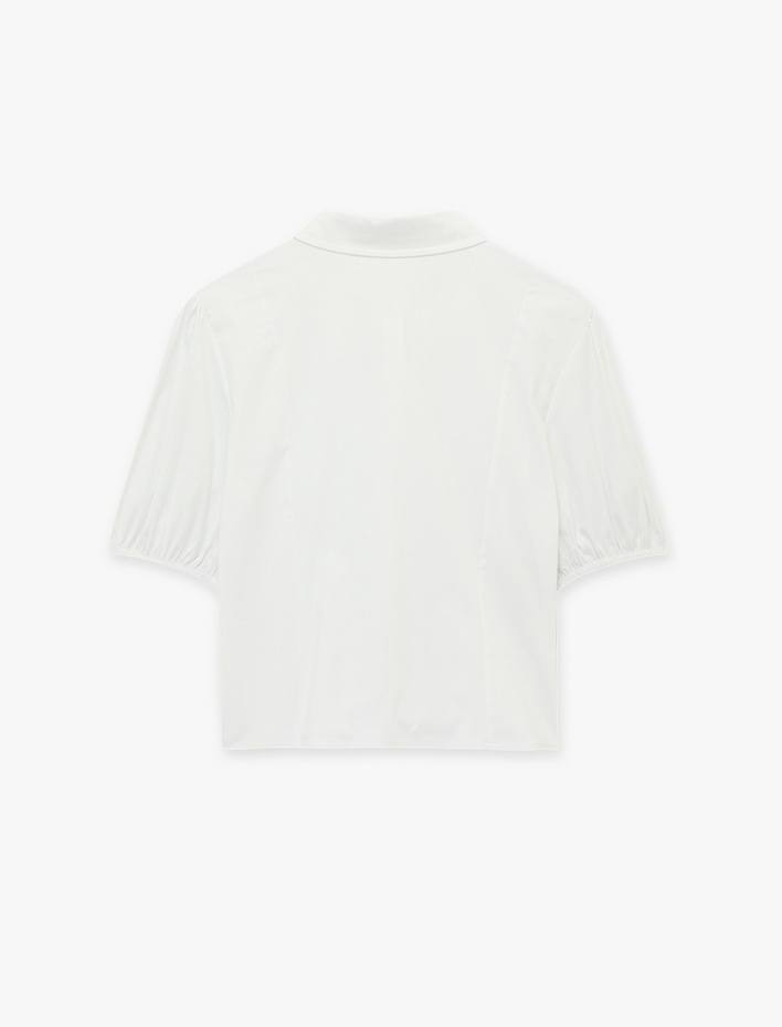  Pamuklu Slim Fit Kısa Balon Kollu Klasik Yaka Crop Bluz