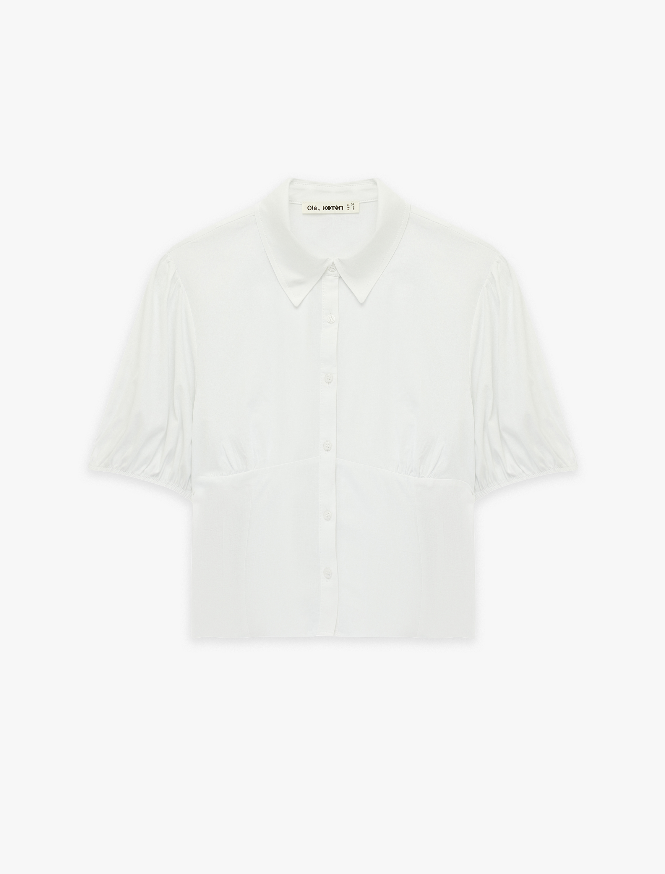   Pamuklu Slim Fit Kısa Balon Kollu Klasik Yaka Crop Bluz