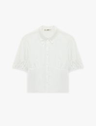 Pamuklu Slim Fit Kısa Balon Kollu Klasik Yaka Crop Bluz