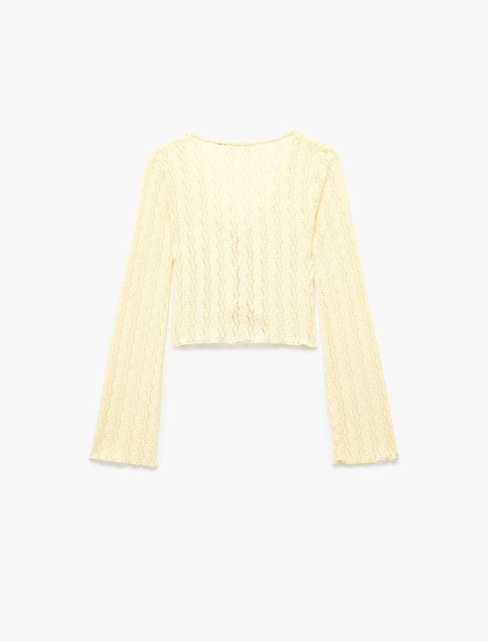  V Yaka Uzun Kollu Fiyonk Bağlama Detaylı Dantel Bluz