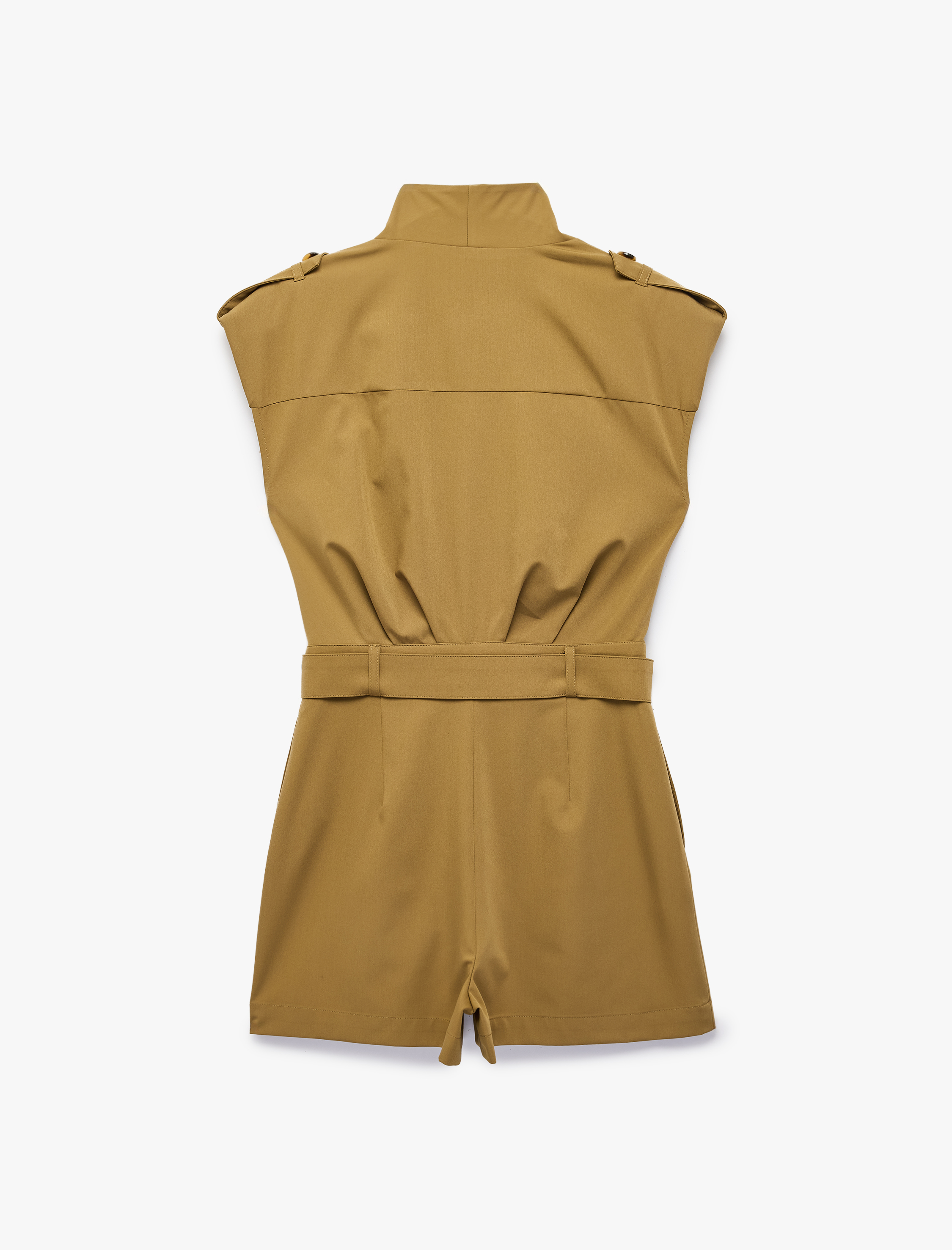   Kruvaze Yaka Kolsuz Kemer Detaylı Mini Şort Tulum