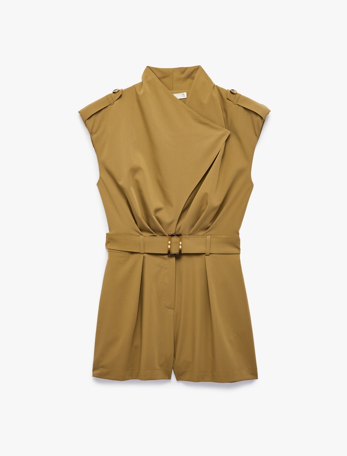  Kruvaze Yaka Kolsuz Kemer Detaylı Mini Şort Tulum