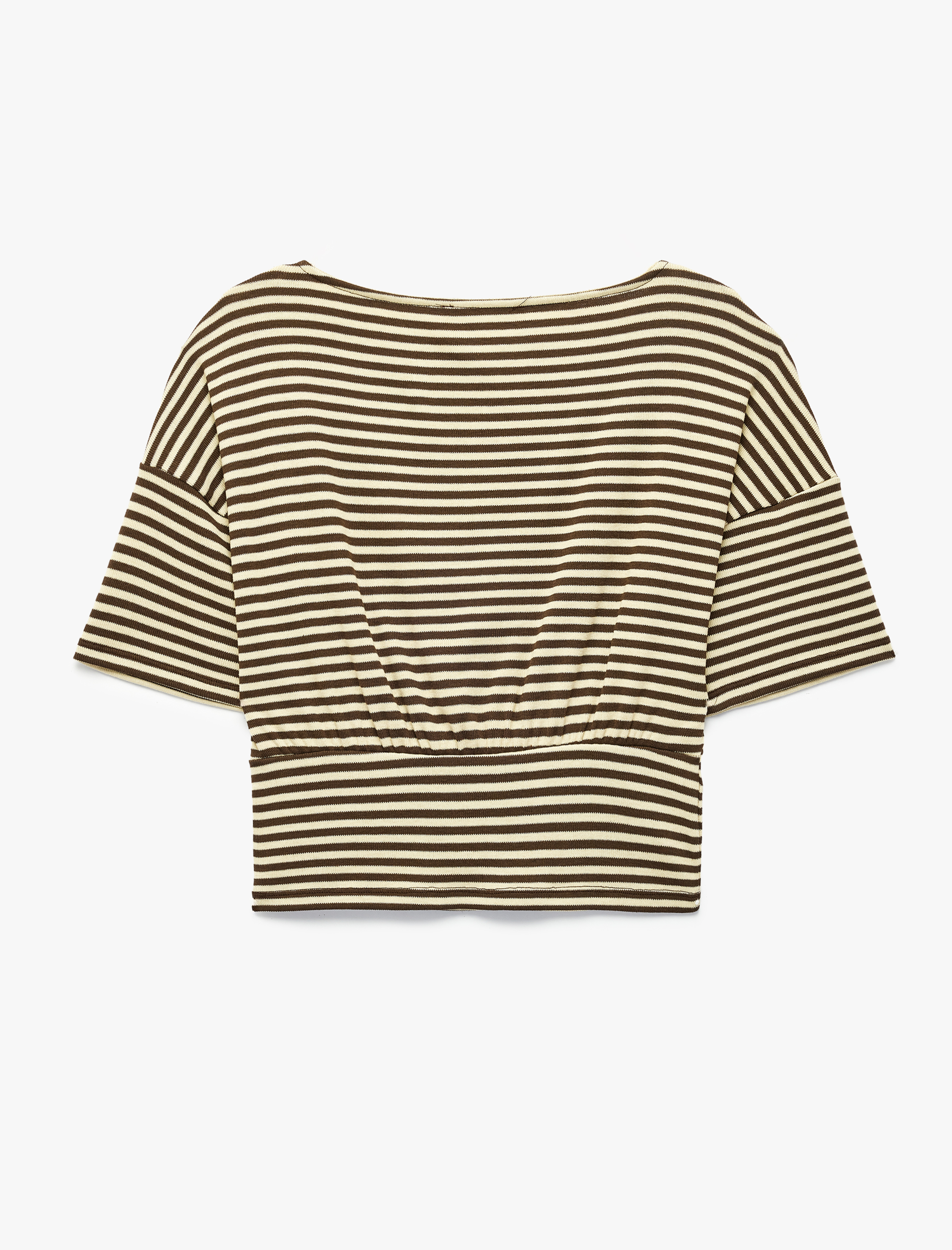   Viskon Karışımlı Omzu Açık Kısa Kollu Çizgili Tişört