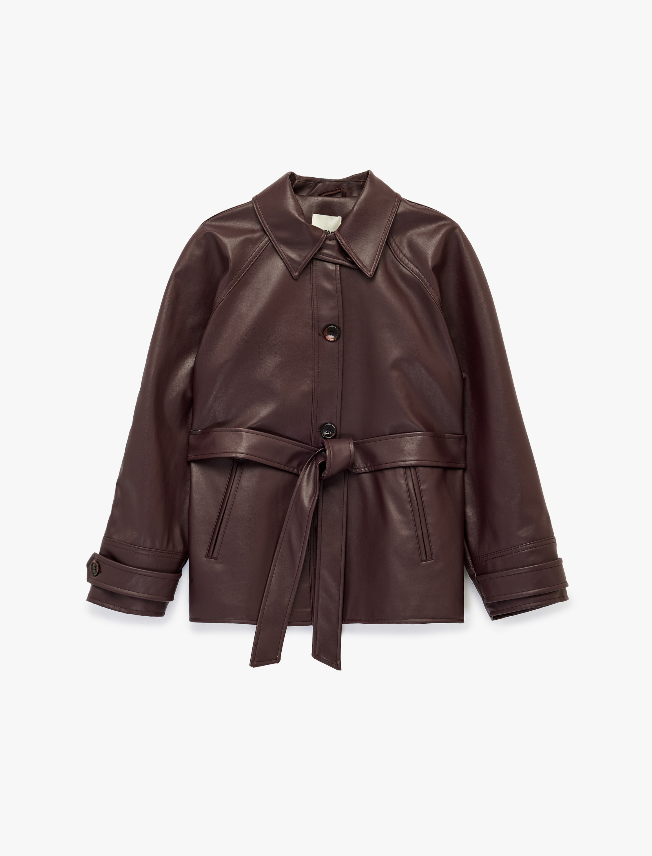   Uzun Kollu Cepli Kemerli Suni Deri Ceket